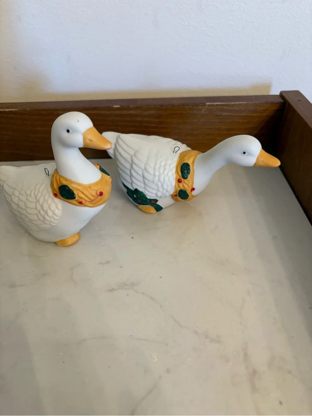 Goose Christmas Around the World Pair of White Ceramic Holiday Ornaments
